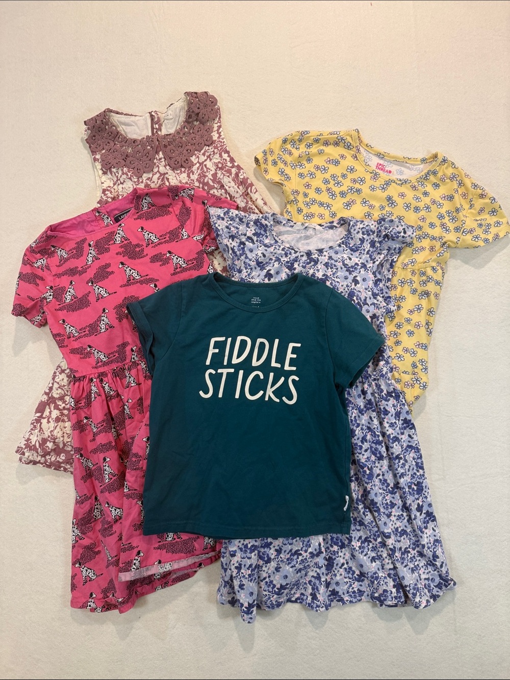 Fiddle Sticks Teal Graphic Tee + 4 Girls Summer Dresses Sz 6 Sz 7 ZZ